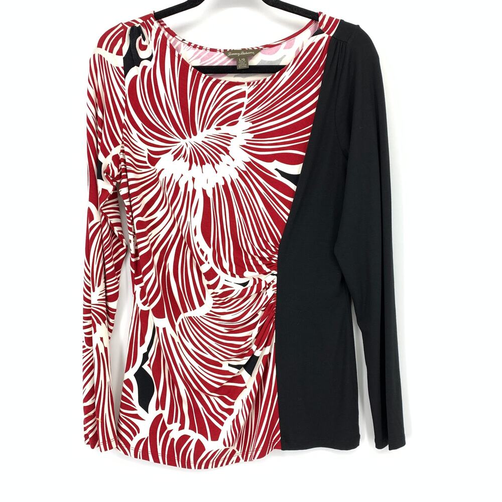 Tommy Bahama Ruched Front Long Sleeve Top Womens Sz Large Black Red White Floral